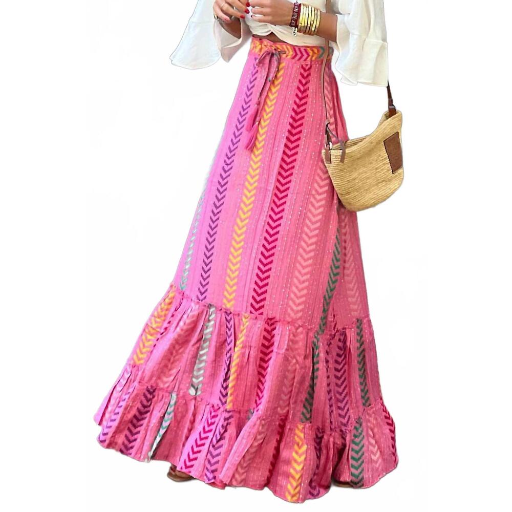 NEW PRETTY BASH chevron tasseled ruffle maxi skirt in pink